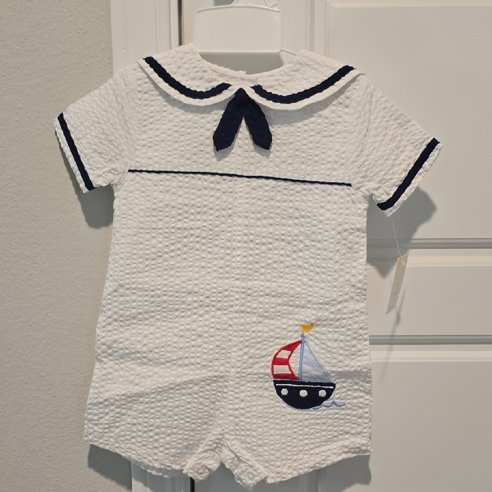Petit Ami White and Navy Sailboat One Piece